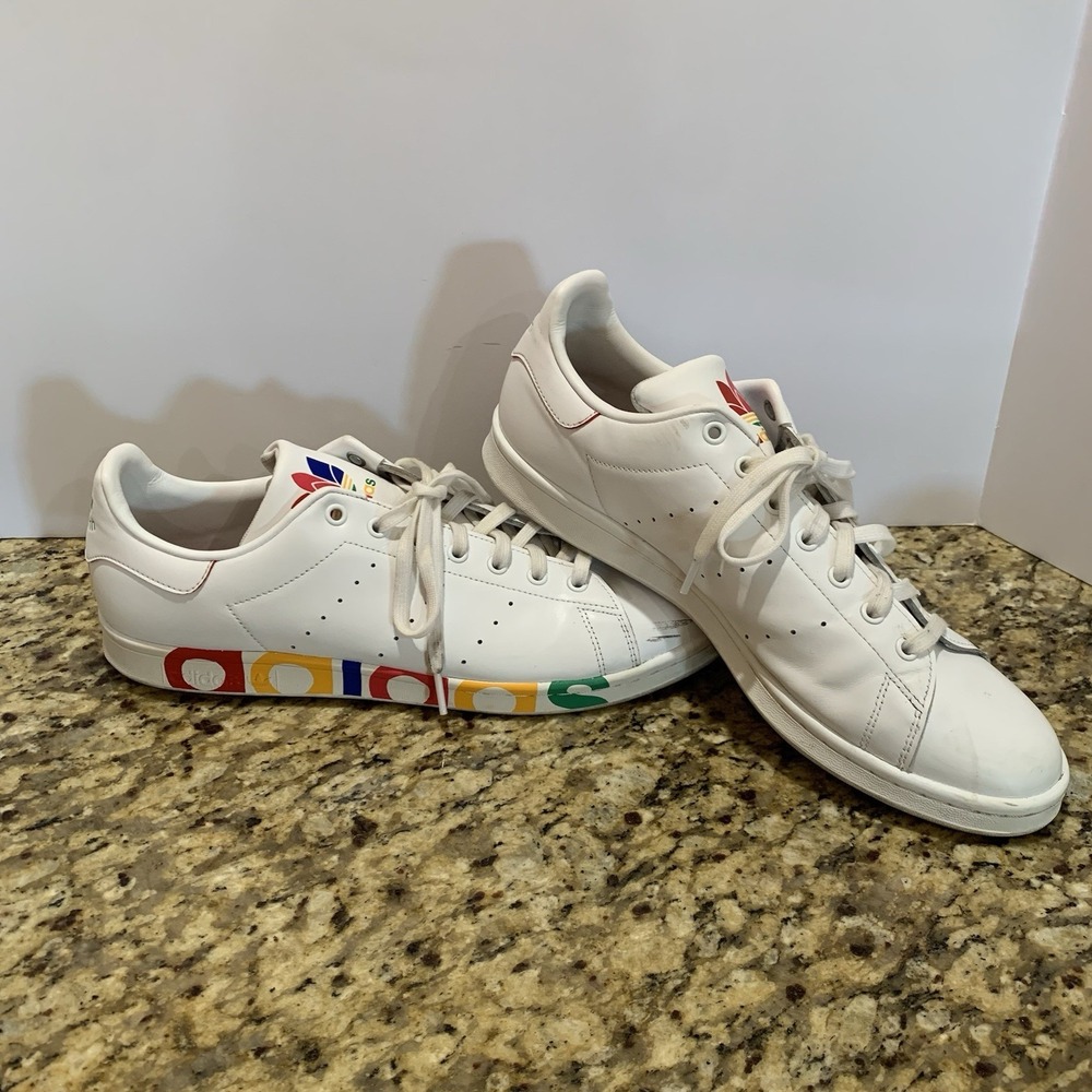 adidas White Leather Tennis Shoes with Multicolor Sole Accents